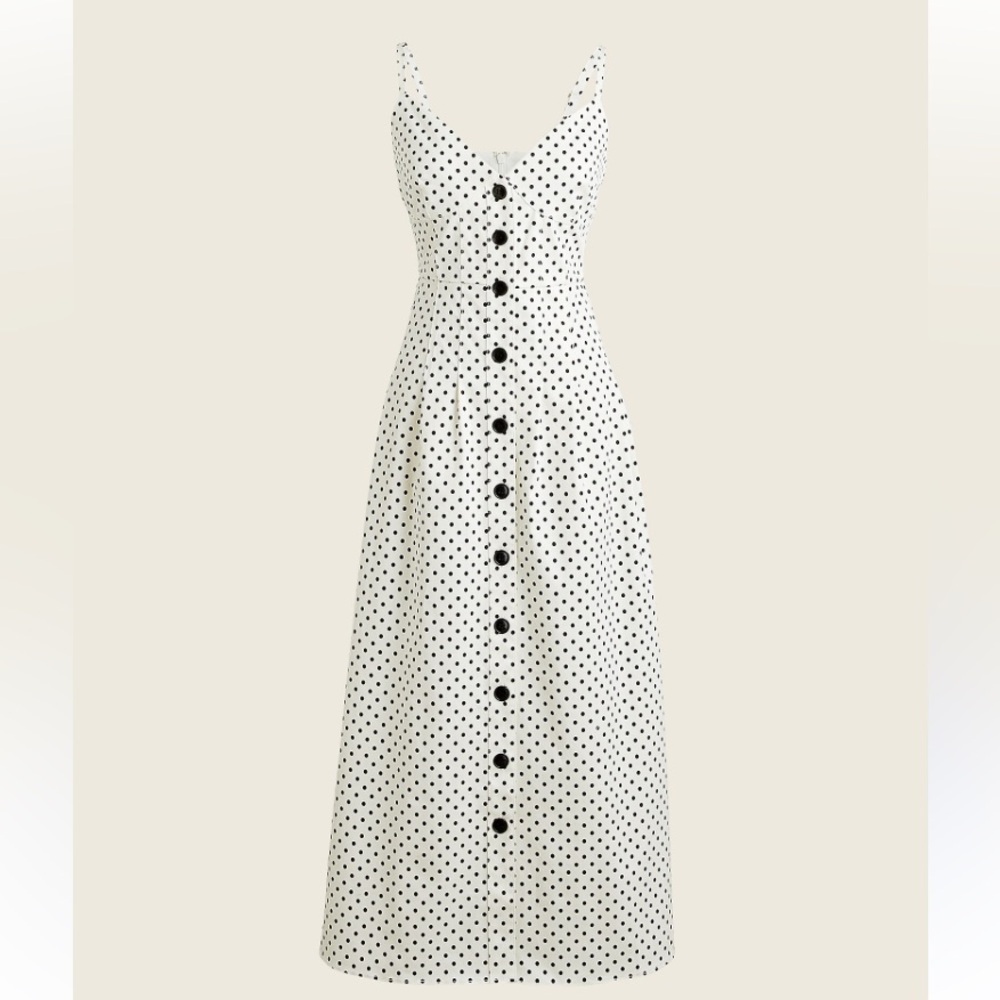 J. Crew 14 Button Front Midi Sun Dress White Black Polka Dot Blake Emily Paris